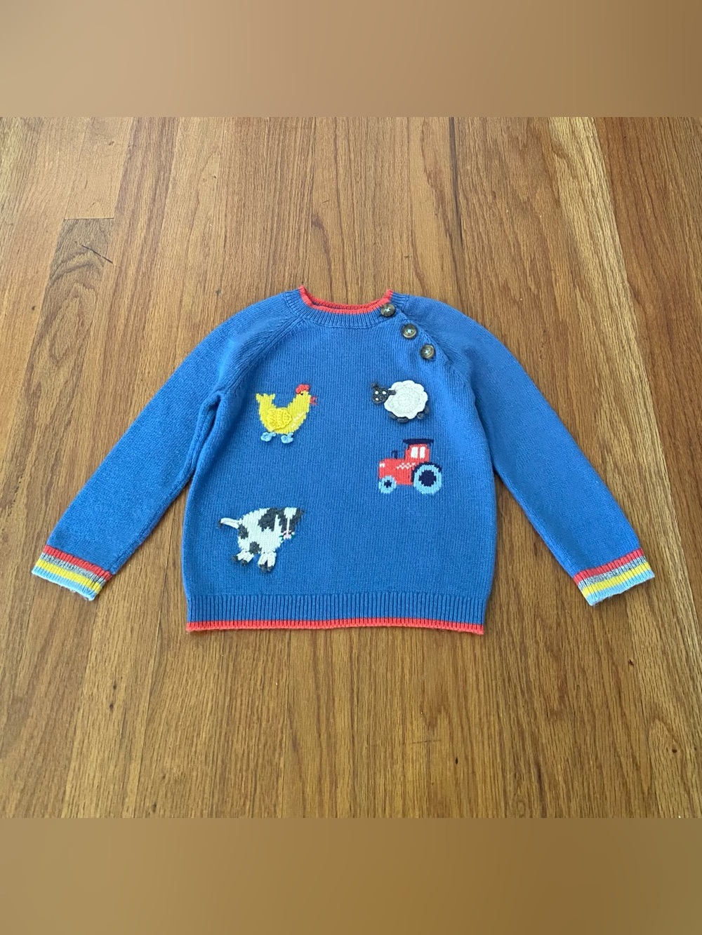 Baby Boden Blue Knit Sweater with Crochet Farm Logo